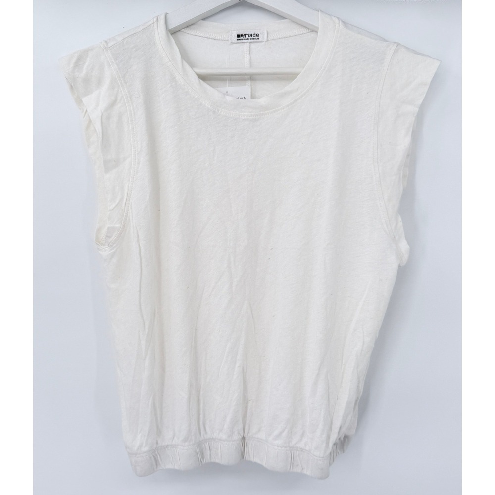 LAmade Muscle Tank Top Women XS Ivory Linen Cotton Blend Elastic Hem Made in USA